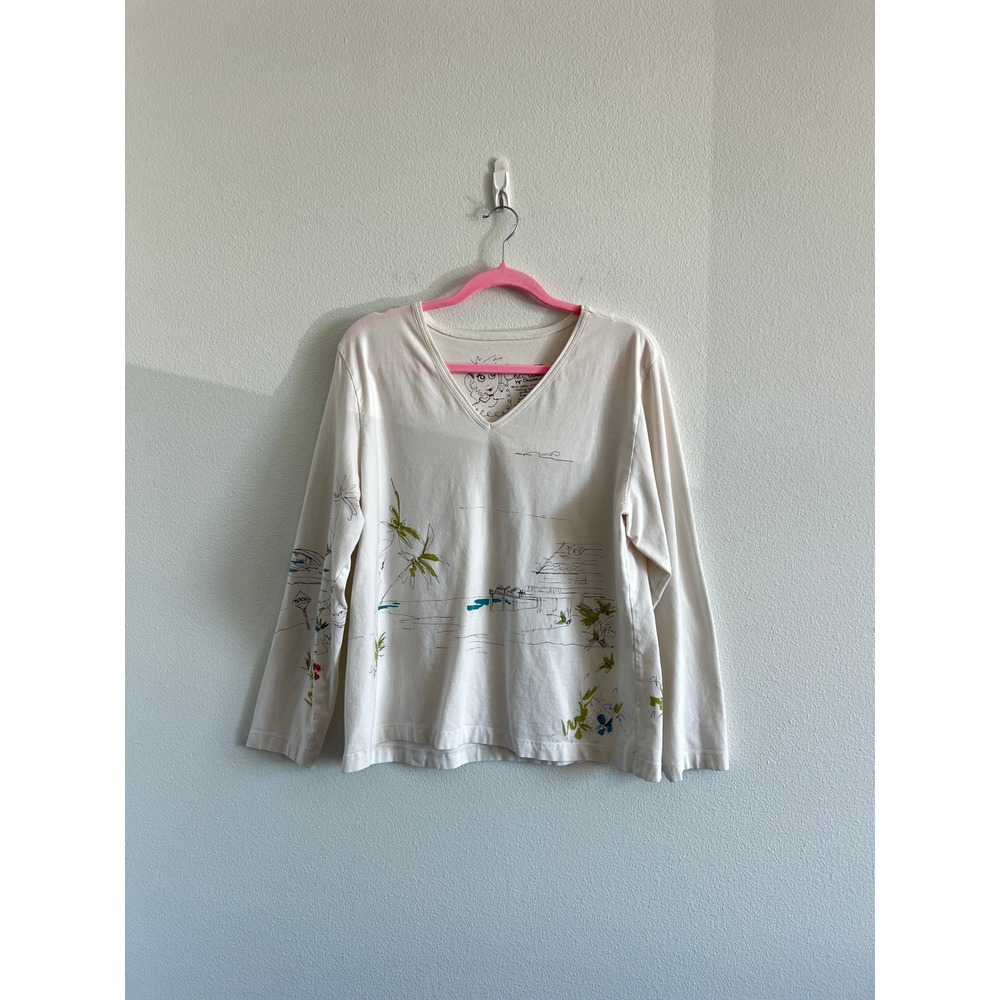 Chico's Chat-Tees V-Neck Long Sleeve Graphic Cream Tee 3 Vacation Beach Resort